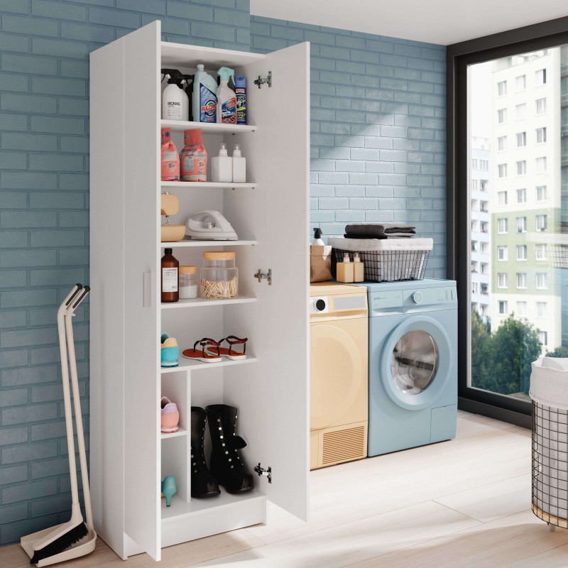 Armario Multiusos 59x180 cm Blanco – Con Hueco para Aspiradora y Estantes Regulables
