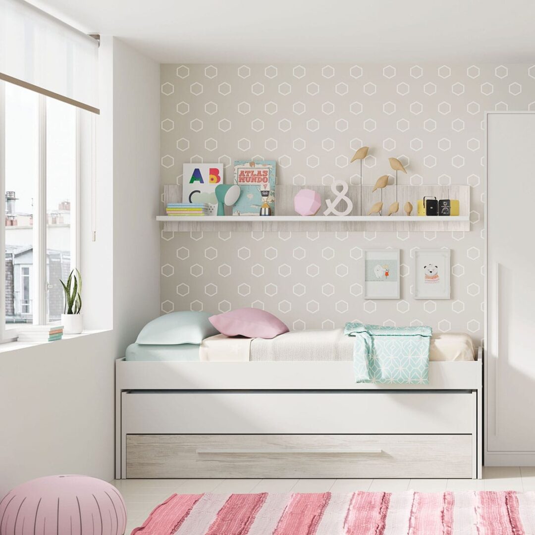 Cama Nido con Cajones y Estante Blanco Velho