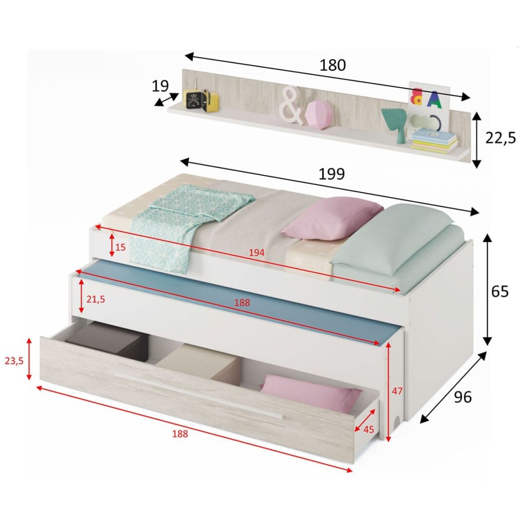 Cama Nido con Cajones y Estante Blanco Velho - Imagen 4