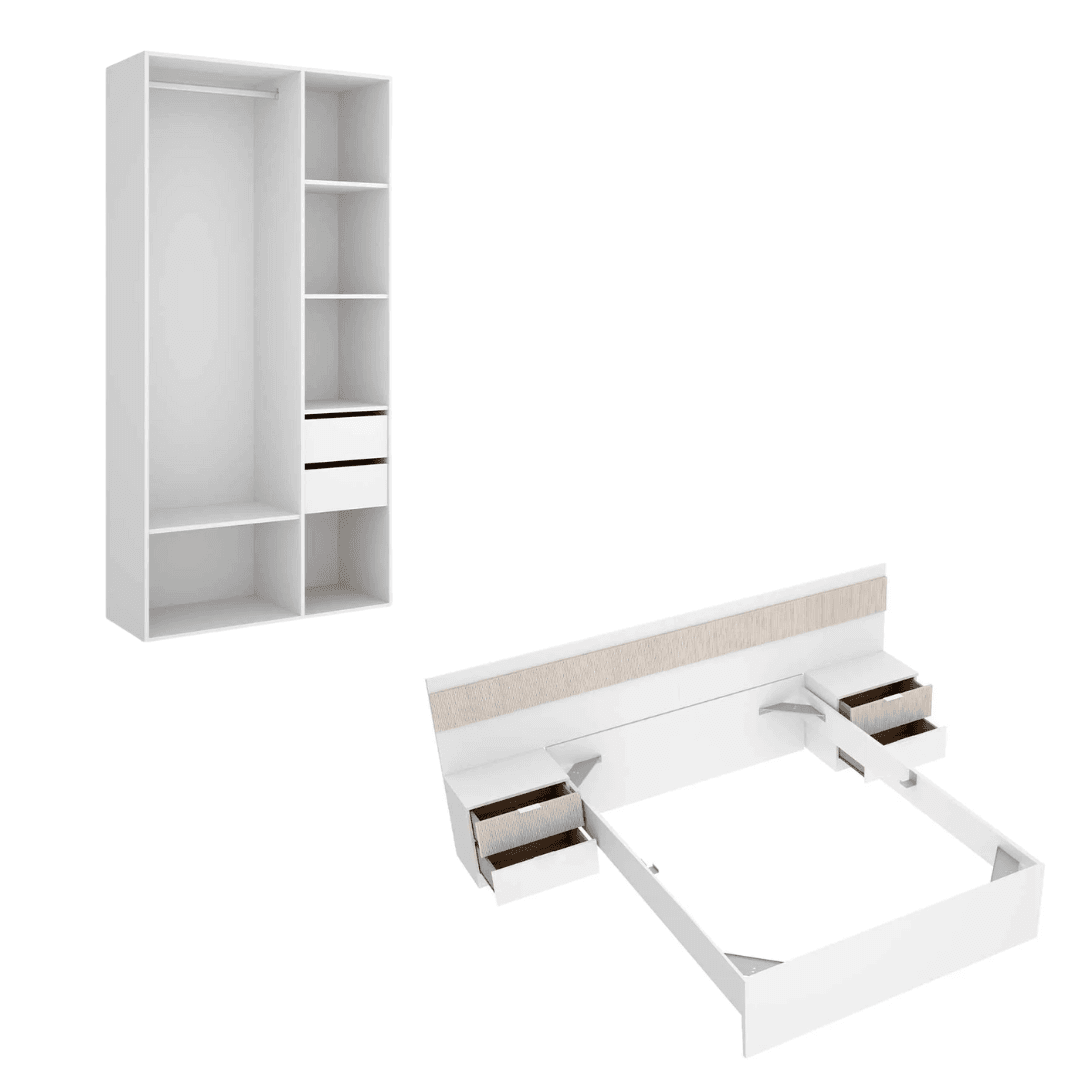 Pack Bianca 2 - Estructura de Cama, Cabezal, Mesitas de Noche y Armario