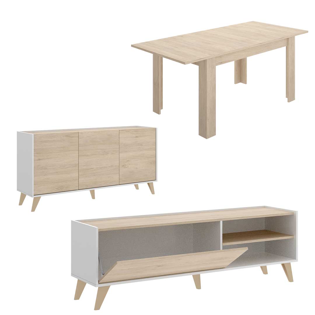 Pack Ness 3 - Mesa de Comedor, Aparador y Mueble Bajo de Televisión
