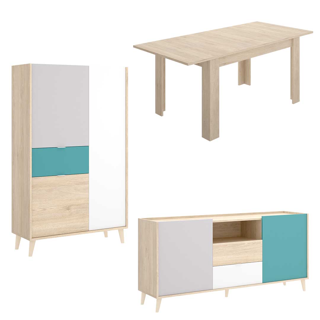 Pack Nova 1 - Mueble Aparador, Mesa de Comedor y Vitrina Alta