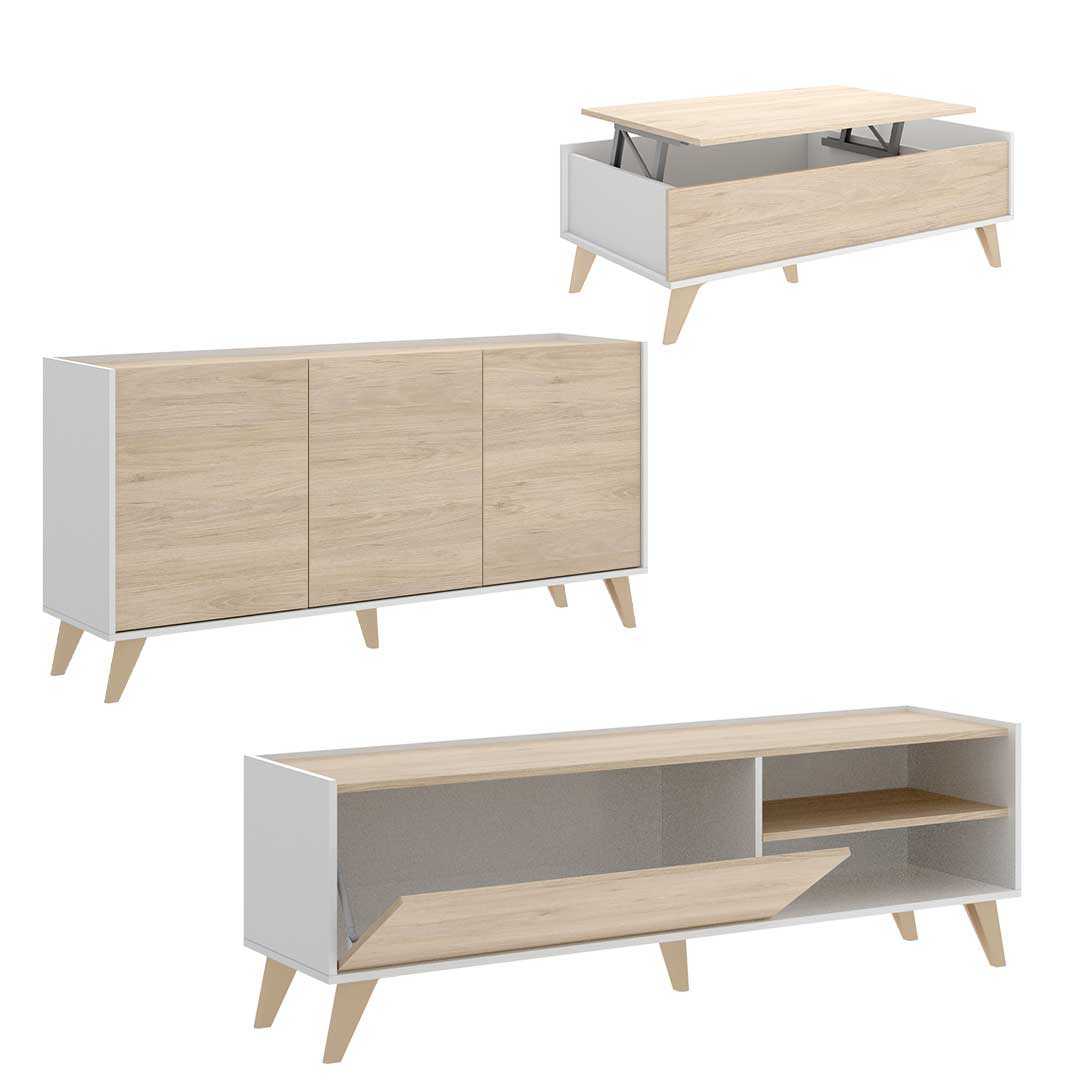 Pack Ness 2 - Mueble Bajo de Televisión, Mesa de Centro y Aparador