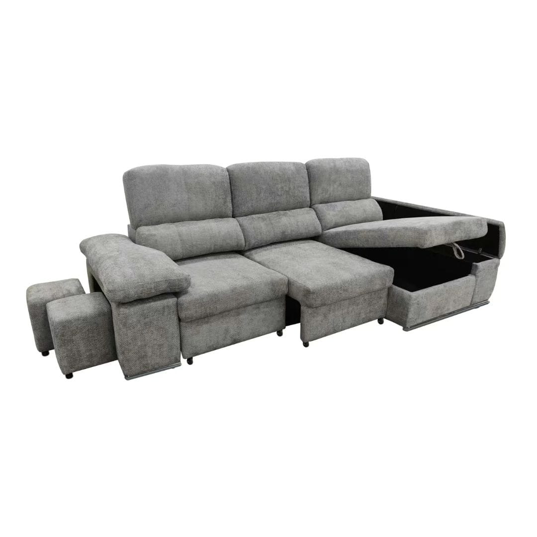 Chaiselongue Cama Con Arcones y 2 Taburetes Gris - Alma