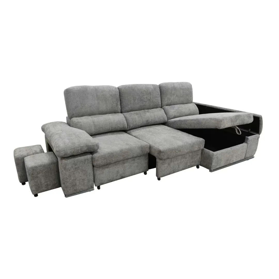 Chaiselongue Cama Con Arcones y 2 Taburetes Gris - Alma