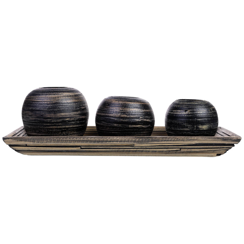 Juego de bandeja y 3 portavelas de madera de bambú negro