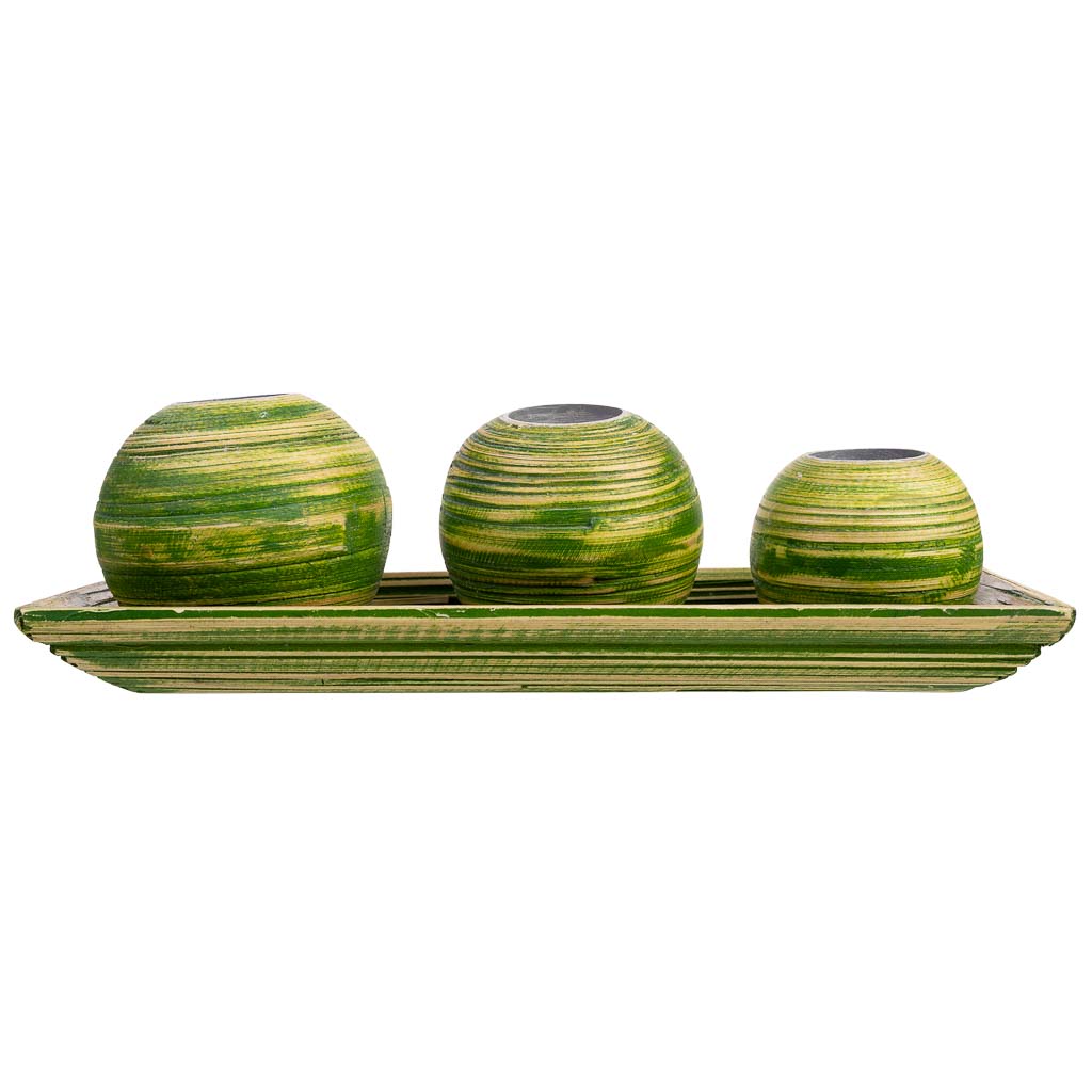 Juego de bandeja y 3 portavelas de madera de bambú verde