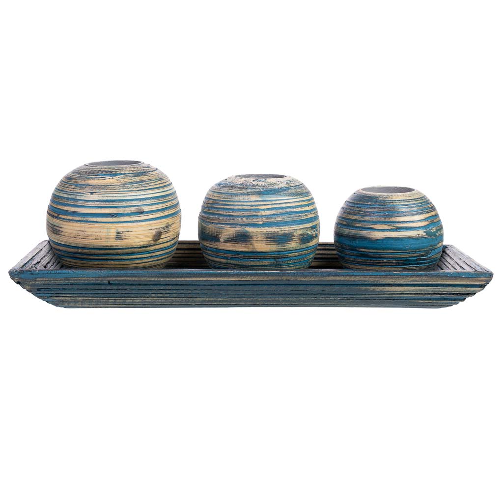 Juego de bandeja y 3 portavelas de madera de bambú azul