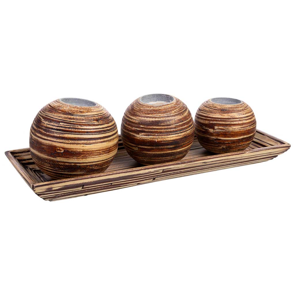 Juego de bandeja y 3 portavelas de madera de bambú marrón