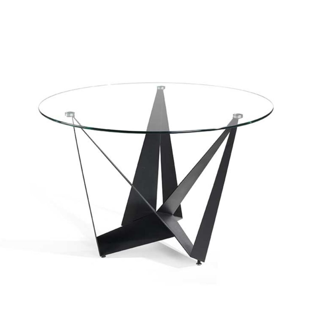 Mesa de comedor fija circular con sobre de vidrio y estructura metálica negro mate