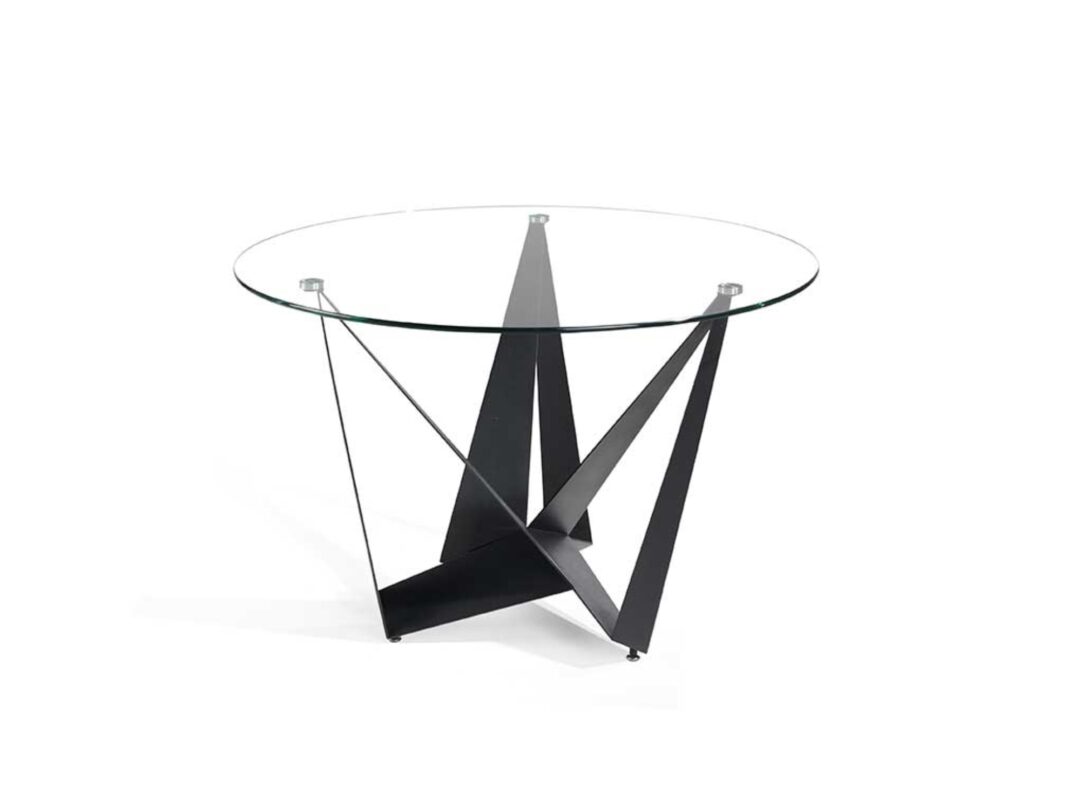 Mesa de comedor fija circular con sobre de vidrio y estructura metálica negro mate