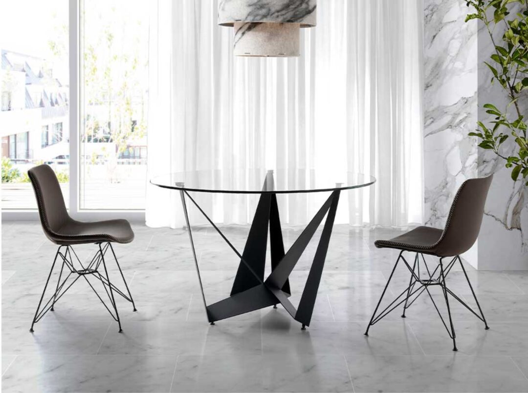 Mesa de comedor fija circular con sobre de vidrio y estructura metálica negro mate - Imagen 2