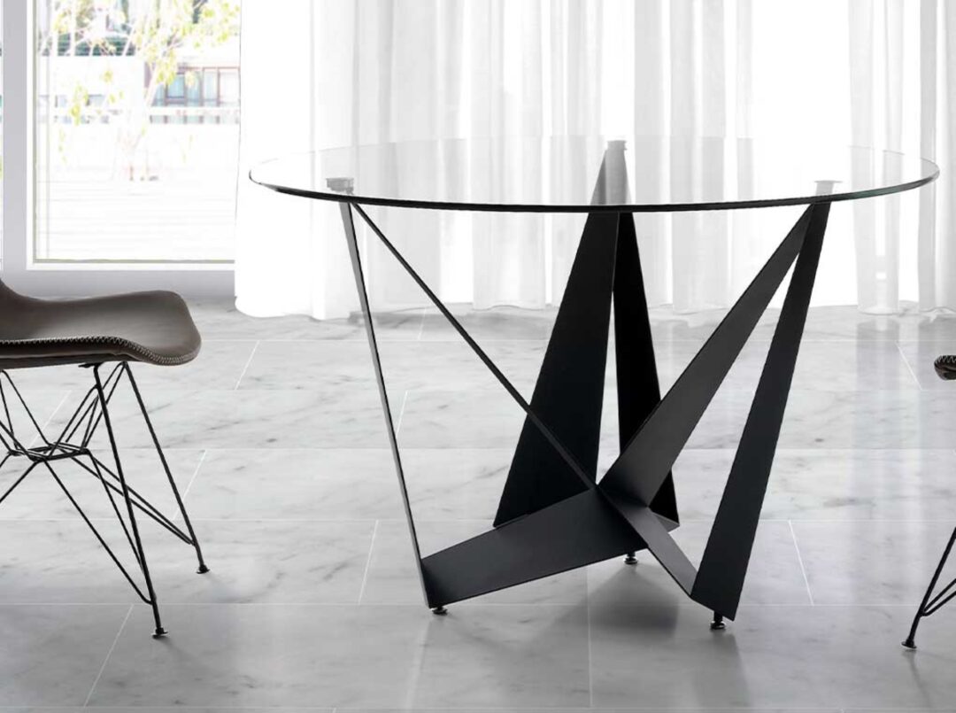 Mesa de comedor fija circular con sobre de vidrio y estructura metálica negro mate - Imagen 3