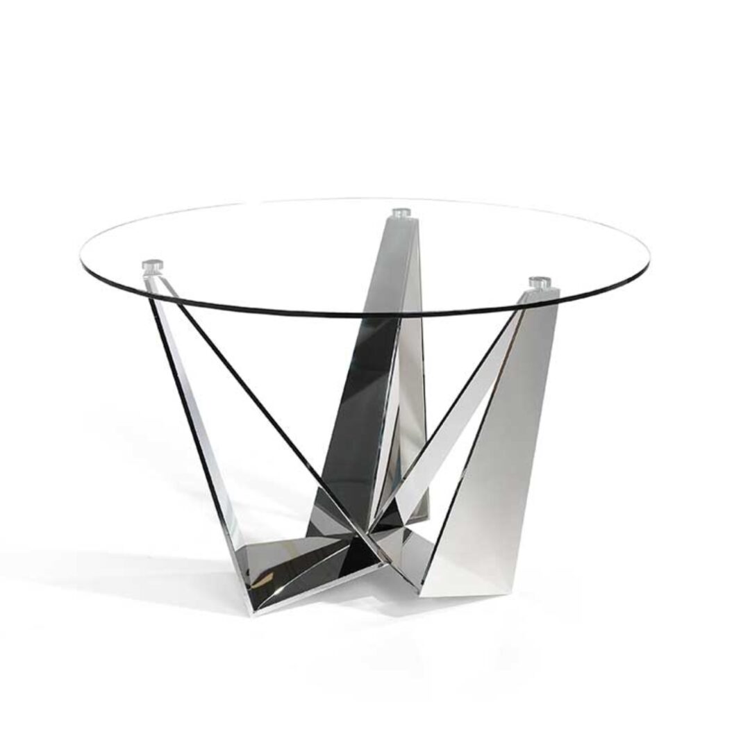 Mesa de comedor fija circular con sobre de vidrio y estructura de acero inoxidable efecto espejo