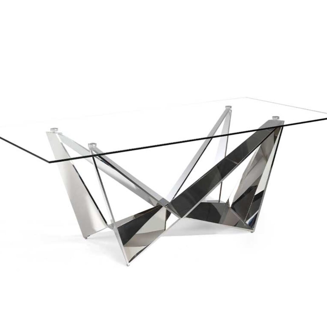 Mesa de comedor con sobre de vidrio y estructura angular de acero inoxidable efecto espejo