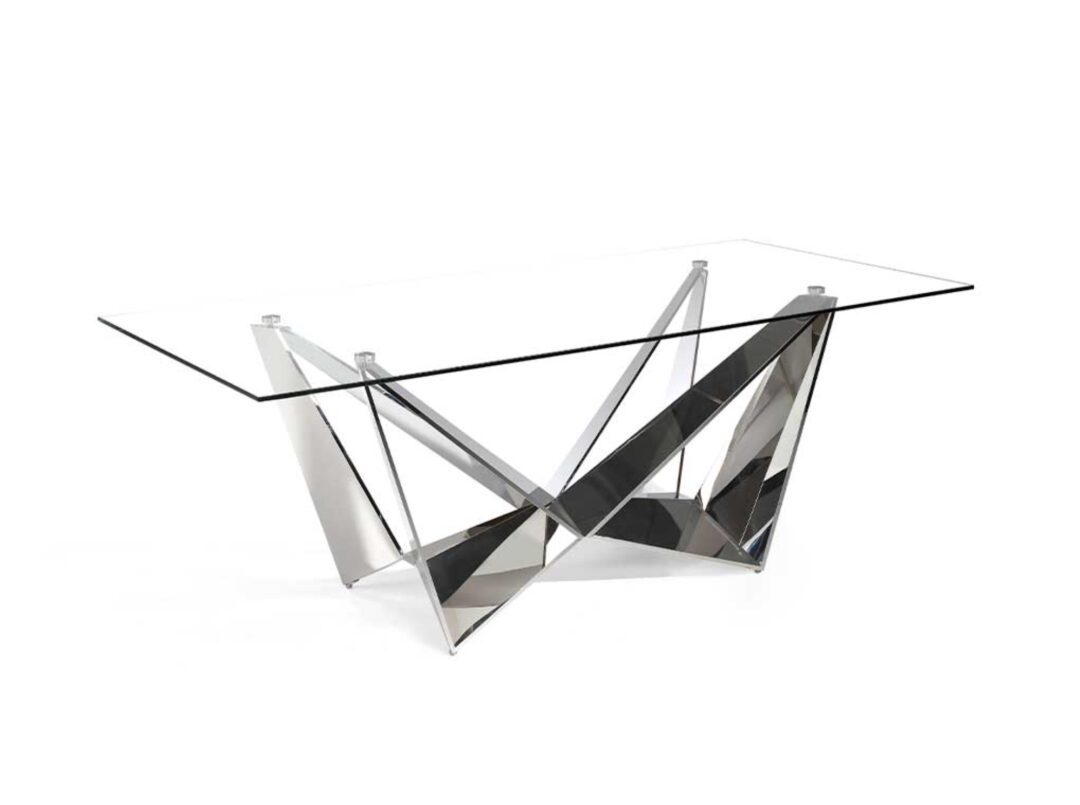 Mesa de comedor con sobre de vidrio y estructura angular de acero inoxidable efecto espejo