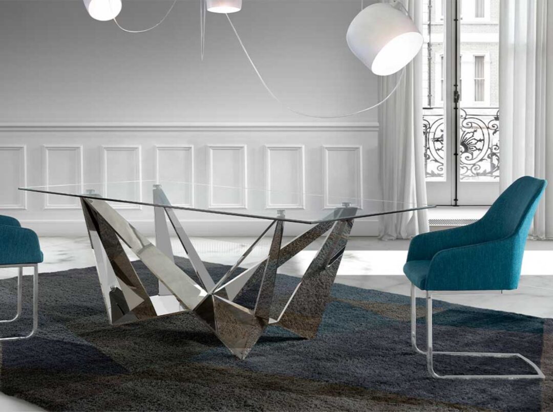 Mesa de comedor con sobre de vidrio y estructura angular de acero inoxidable efecto espejo - Imagen 3