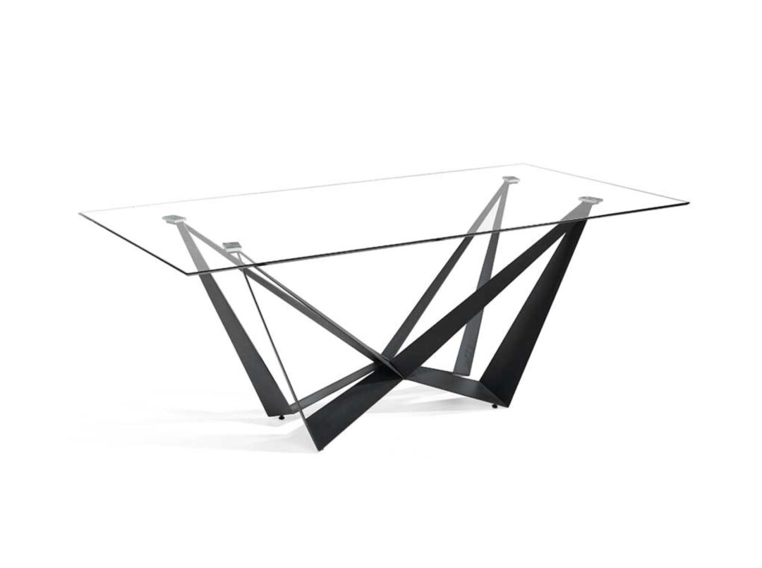 Mesa de comedor fija con sobre de vidrio templado y patas metálicas negro mate
