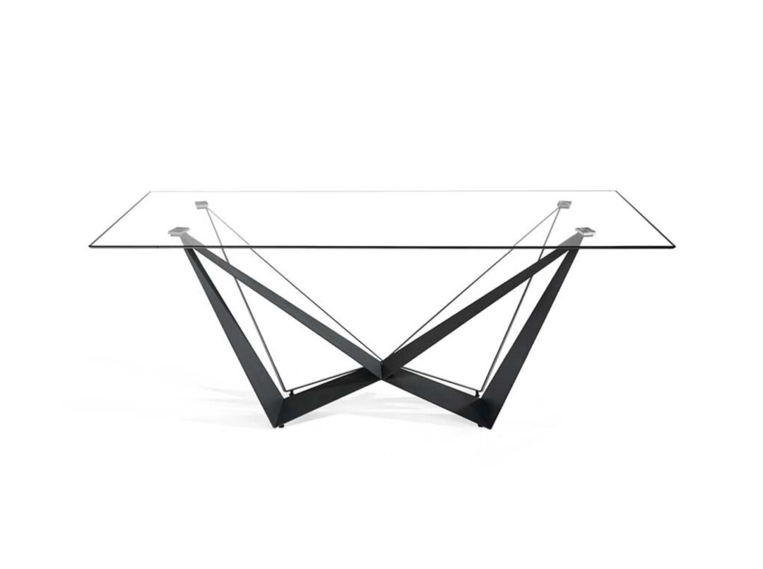 Mesa de comedor fija con sobre de vidrio templado y patas metálicas negro mate - Imagen 2