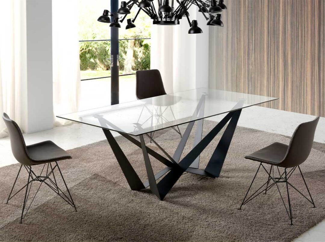 Mesa de comedor fija con sobre de vidrio templado y patas metálicas negro mate - Imagen 3