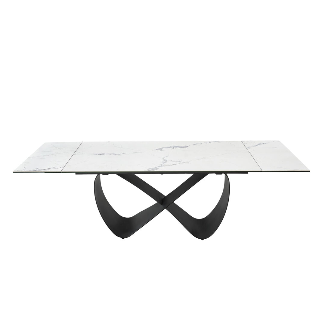 Mesa porcelánica blanco vetas grises, estructura negro mate