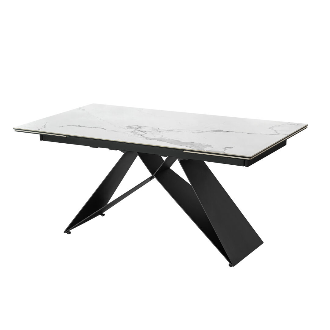 Mesa de comedor extensible cristal porcelánico blanco, estructura negro mate