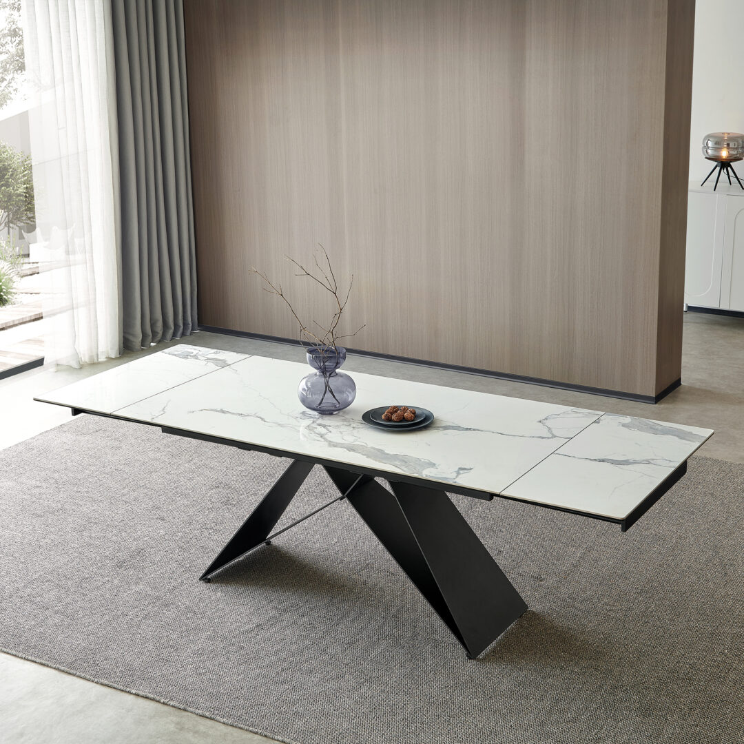 Mesa de comedor extensible cristal porcelánico blanco, estructura negro mate - Imagen 4