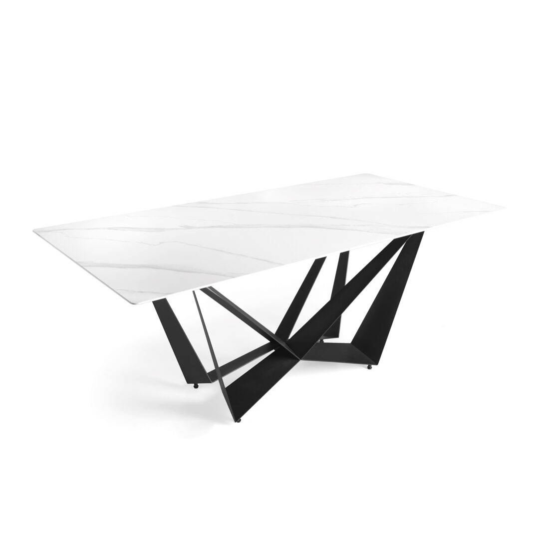 Mesa de comedor porcelánica blanco brillo vetas grises, estructura negro mate - Imagen 2