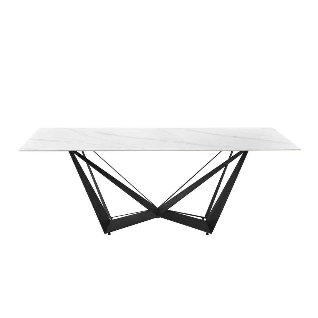 Mesa de comedor porcelánica blanco brillo vetas grises, estructura negro mate - Imagen 3