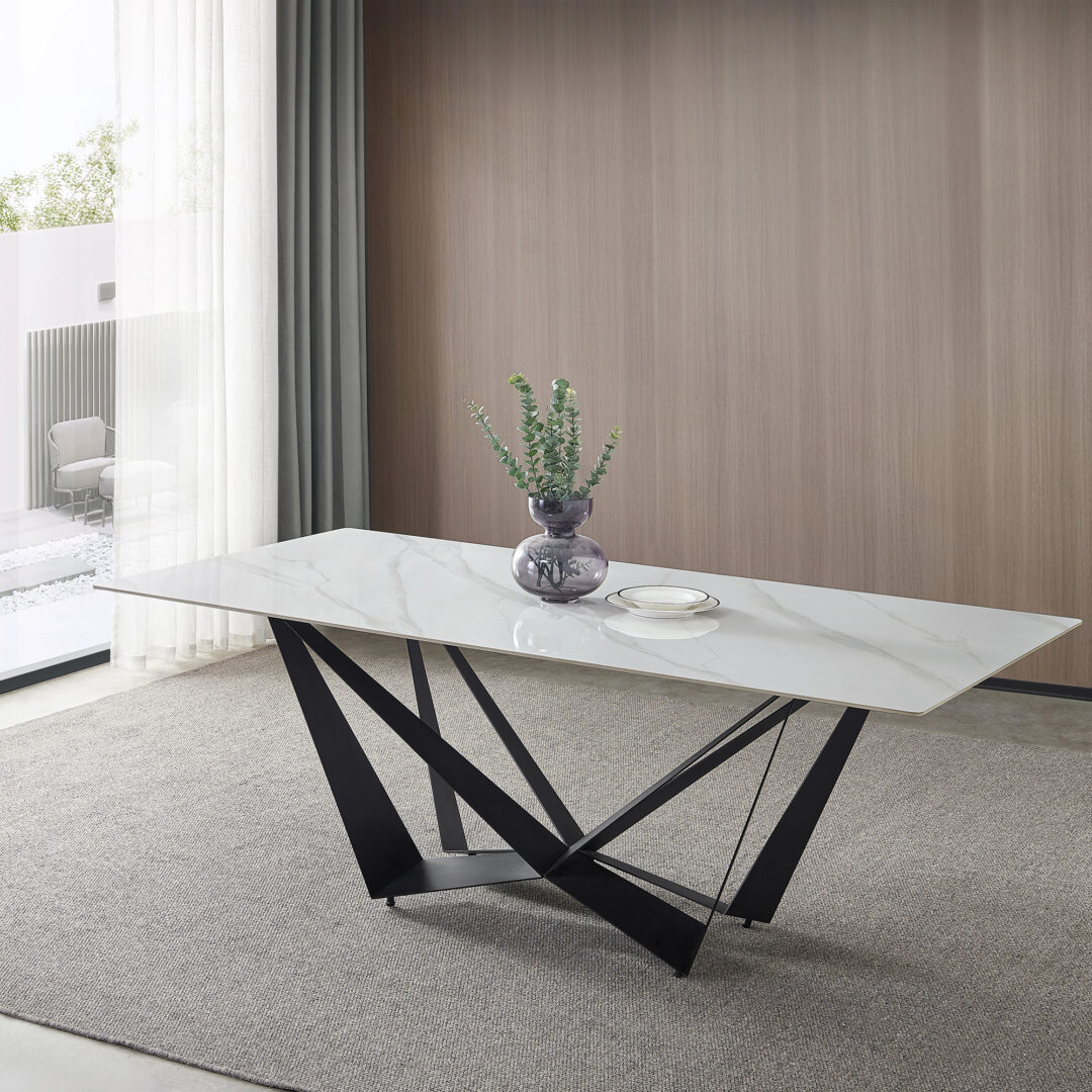 Mesa de comedor porcelánica blanco brillo vetas grises, estructura negro mate - Imagen 4
