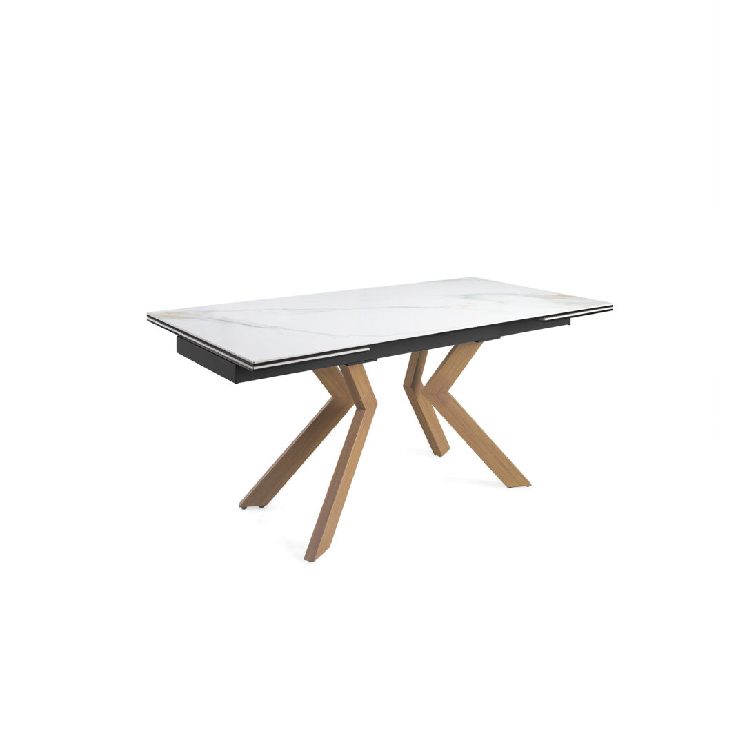 Mesa de comedor extensible tapa porcelánica, patas efecto madera nogal