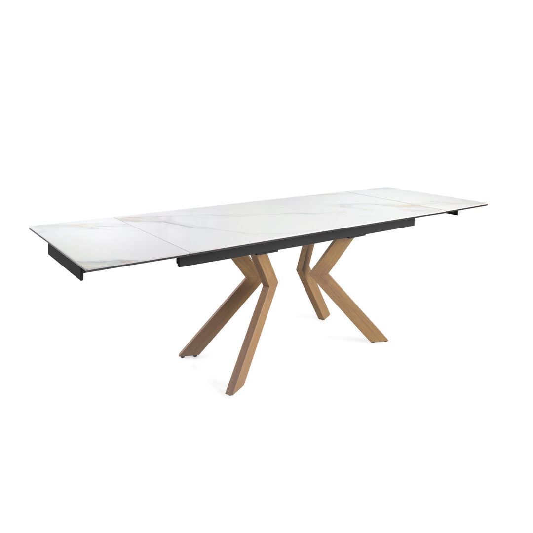Mesa de comedor extensible tapa porcelánica, patas efecto madera nogal - Imagen 3