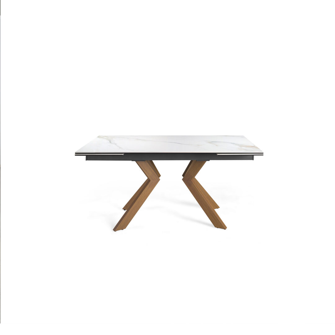 Mesa de comedor extensible tapa porcelánica, patas efecto madera nogal - Imagen 4