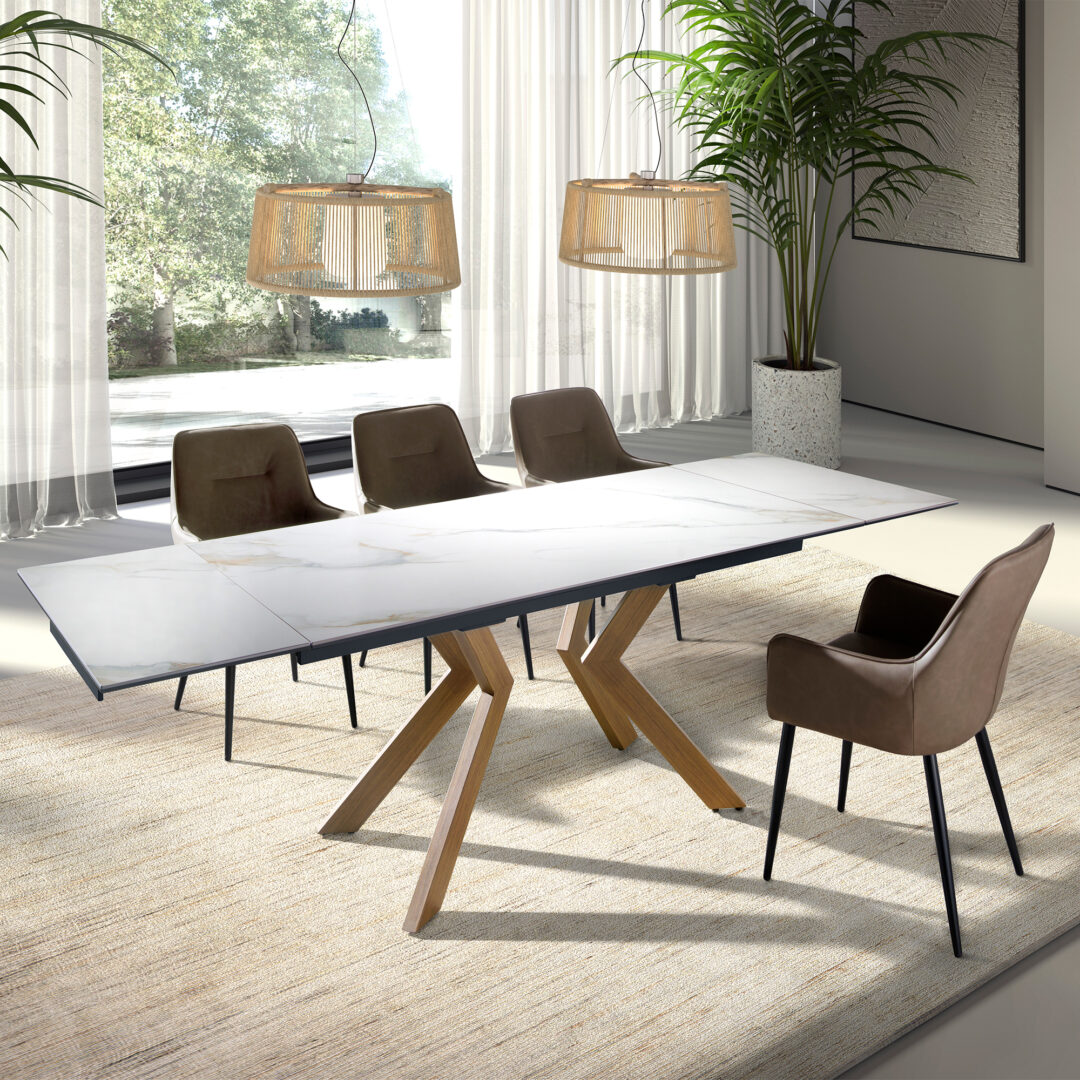 Mesa de comedor extensible tapa porcelánica, patas efecto madera nogal - Imagen 6