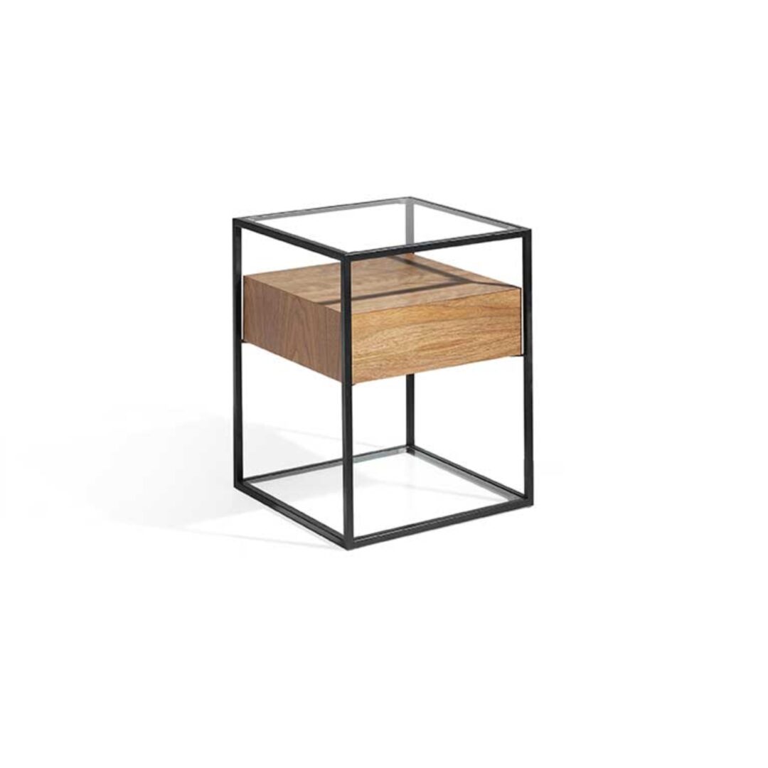 Mesita auxiliar 43x43 cm – Vidrio templado y nogal