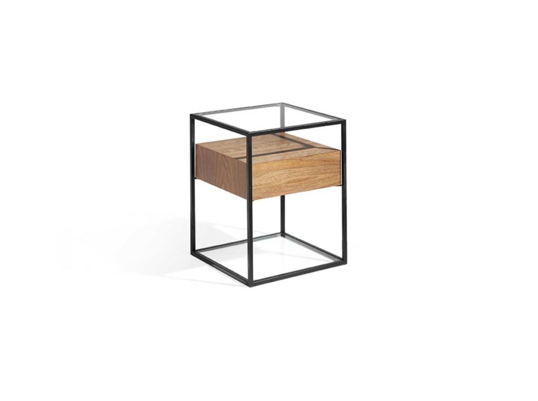 Mesita auxiliar 43x43 cm – Vidrio templado y nogal
