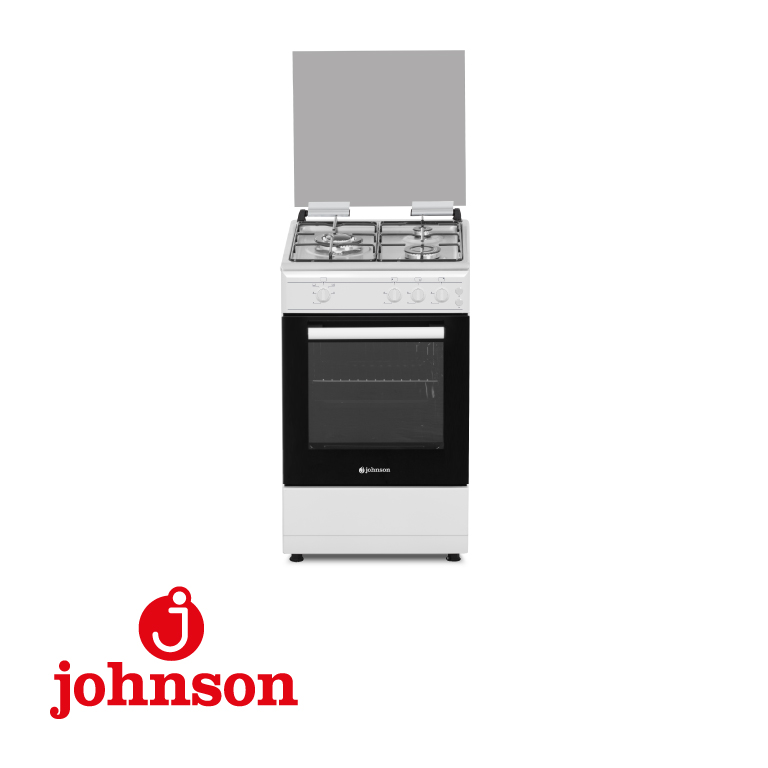 COCINA DE GAS JOHNSON 50CM 3 FUEGOS + HORNO BUTANO SAFE SHUT BLANCA ENCIMERA INO