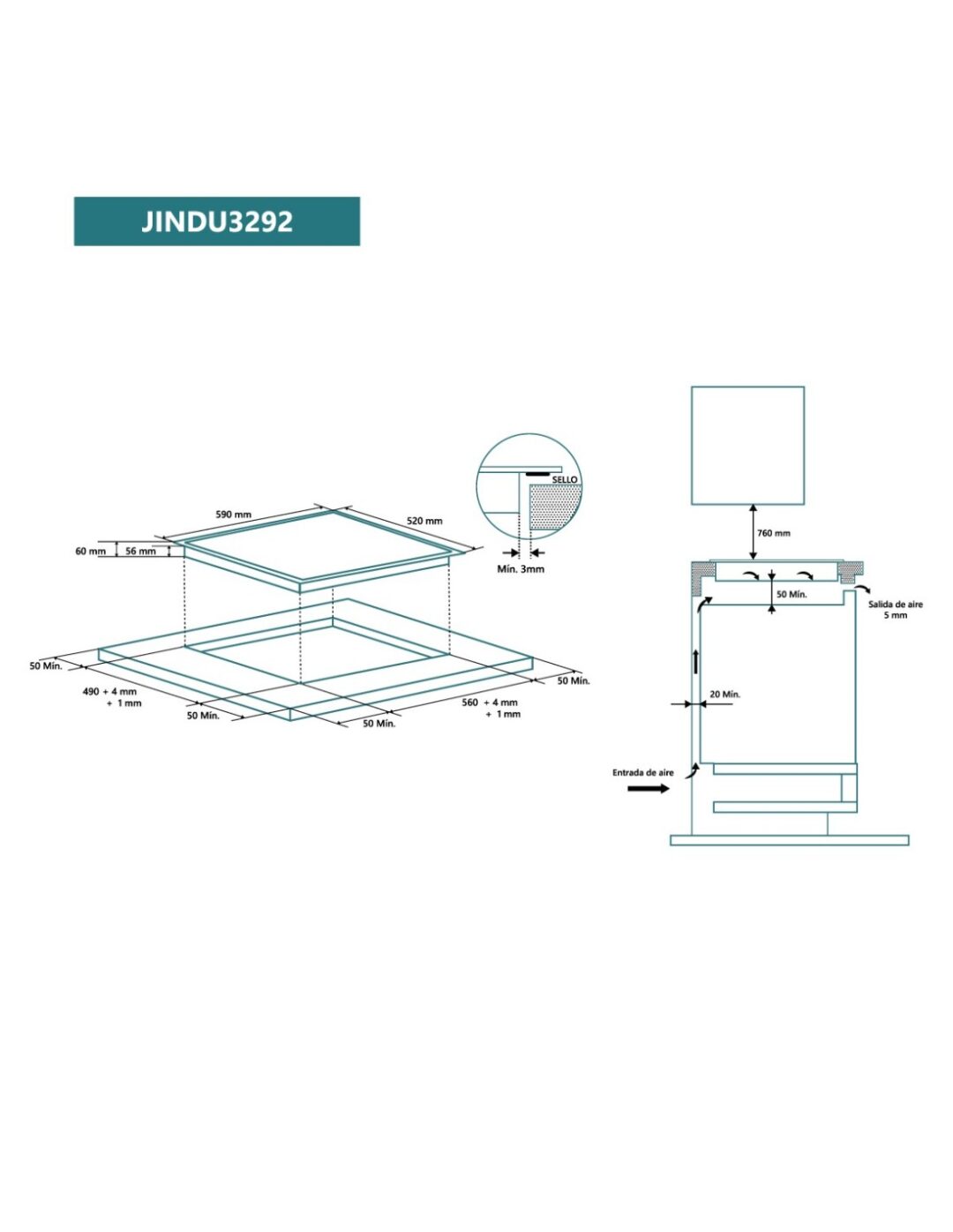 PLACA INDUCCION 7400W JOHNSON 3 ZONAS 280MM. CRISTAL NEGRO - Imagen 2
