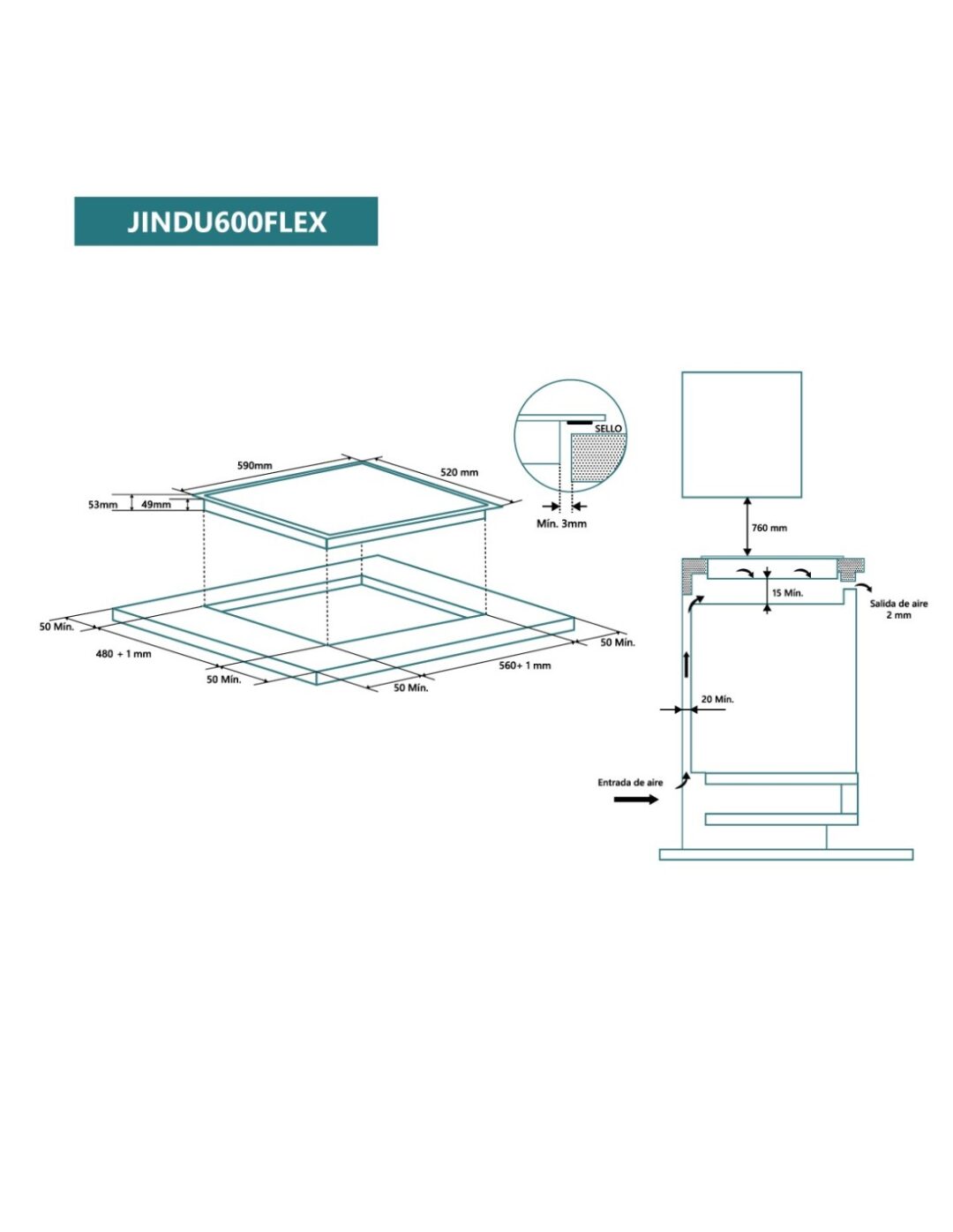 PLACA FLEX INDUCCION JOHNSON 4 ZONAS 60CM FRONTAL BISELADO CRISTAL NEGRO - Imagen 2