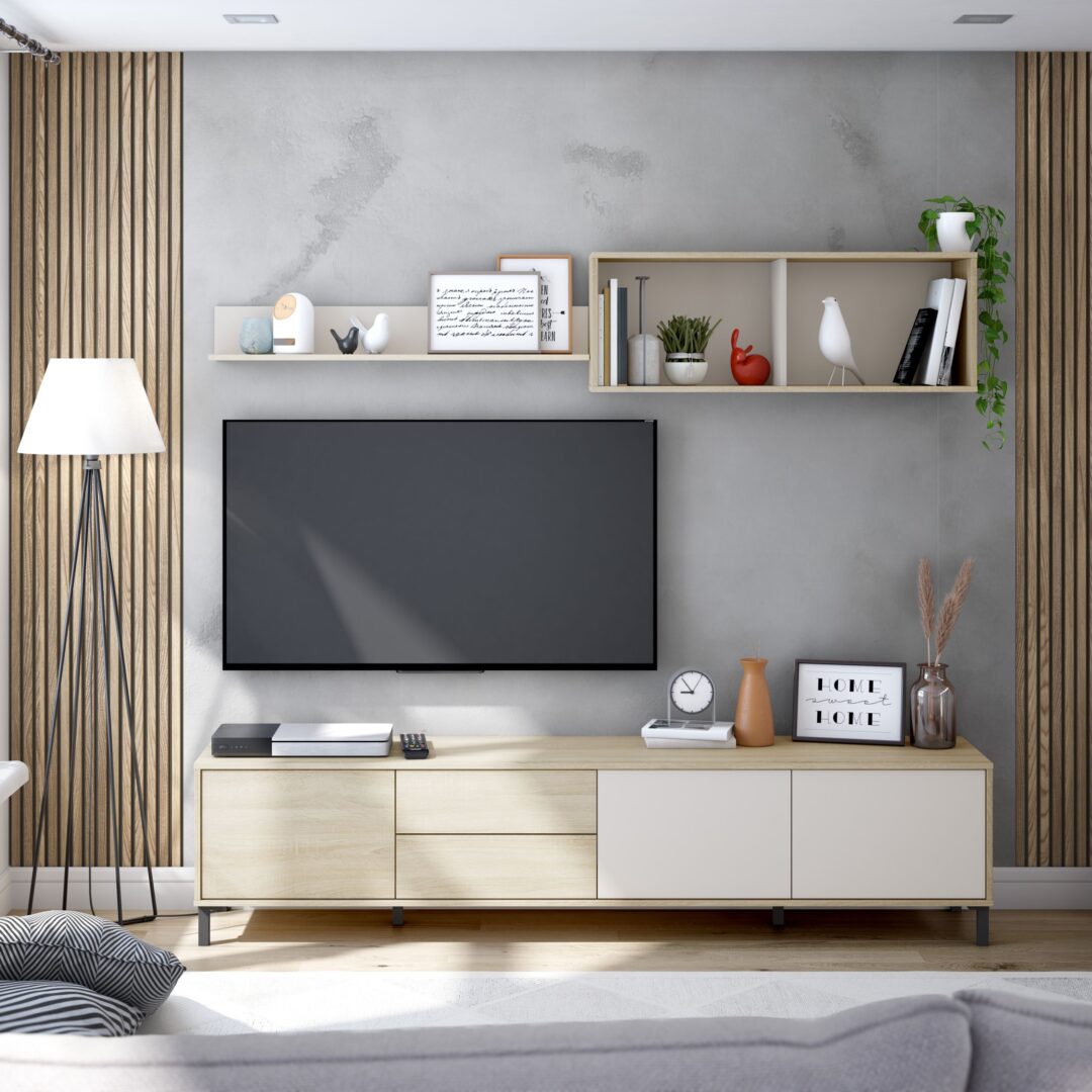 Mueble TV Nilo con Módulo Superior y Estante | Roble Canadian y Cachemir | Meimon